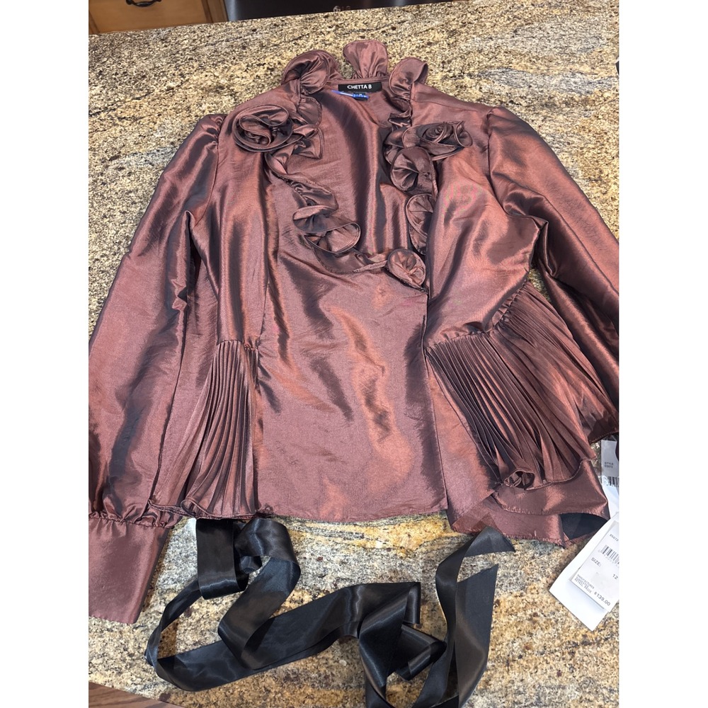 NWT‎ Chetta B Copper Ruffle Rosette Pleated Peplum Blouse Size 12 E5072